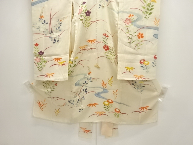 JAPANESE KIMONO / ANTIQUE SUMMER KIMONO / SILK / STREAM & FLOWERS
